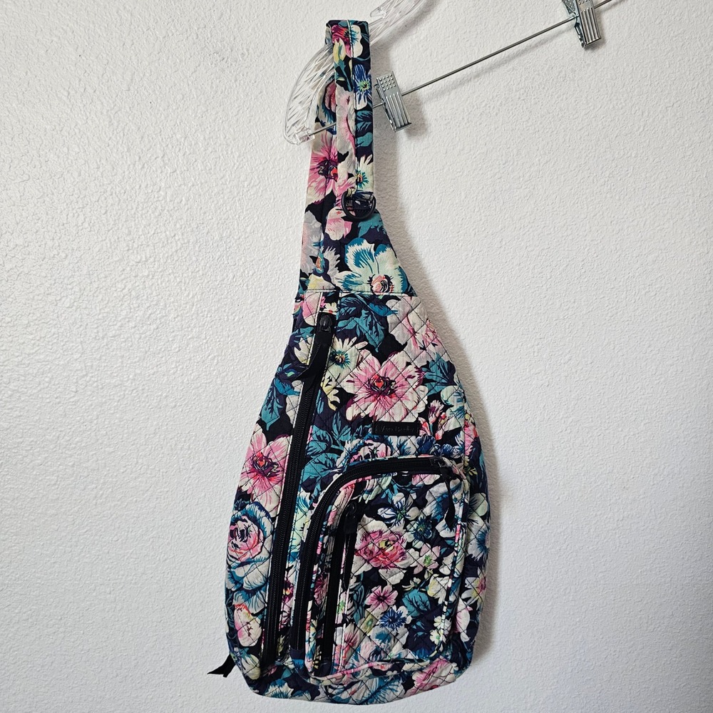 Vera Bradley Quilted Cotton Floral Sling Backpack Crossbody Bag Navy Blue Pink